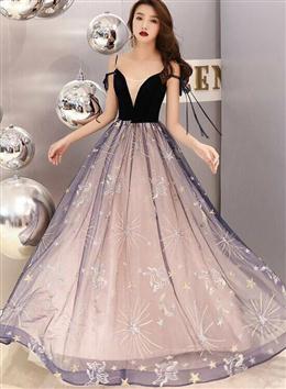 Picture of Pretty V-neckline Straps Tulle with Velvet Party Dresses, Long Evening Dresses Formal Dresses